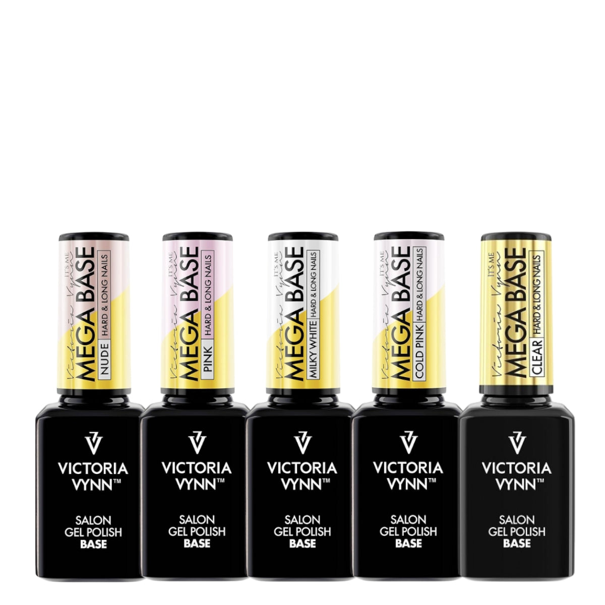 Victoria Vynn Gel Polish Mega Base 5 Shades Set 15ml - shade swatches shown beside the product