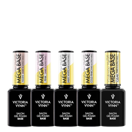 Victoria Vynn Gel Polish Mega Base 5 Shades Set 15ml - shade swatches shown beside the product