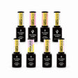 Eight Victoria Vynn Mega Base 8ml bottles in Clear, Pink, Beige, Milky White, Cold Pink, Lily Pink, Nude and Blink Pink.