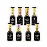 Eight Victoria Vynn Mega Base 8ml bottles in Clear, Pink, Beige, Milky White, Cold Pink, Lily Pink, Nude and Blink Pink.