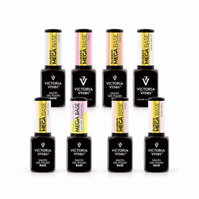 Eight Victoria Vynn Mega Base 8ml bottles in Clear, Pink, Beige, Milky White, Cold Pink, Lily Pink, Nude and Blink Pink.