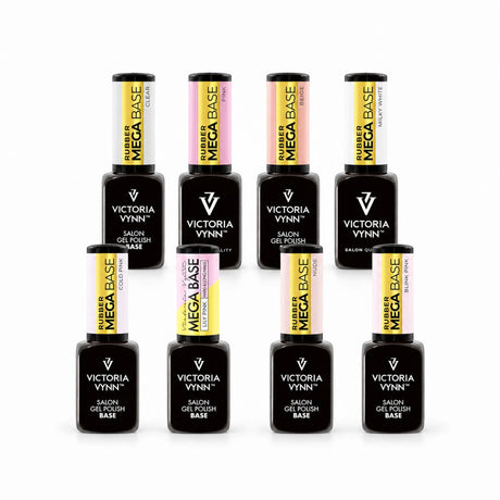 Eight Victoria Vynn Mega Base 8ml bottles in Clear, Pink, Beige, Milky White, Cold Pink, Lily Pink, Nude and Blink Pink.