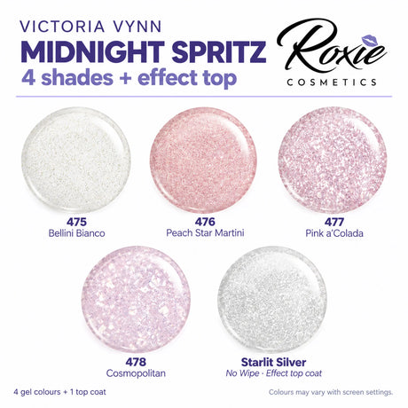 Victoria Vynn Midnight Spritz swatches: 475 Bellini Bianco, 476 Peach Star Martini, 477 Pink a’Colada, 478 Cosmopolitan and Starlit Silver No Wipe effect top coat.