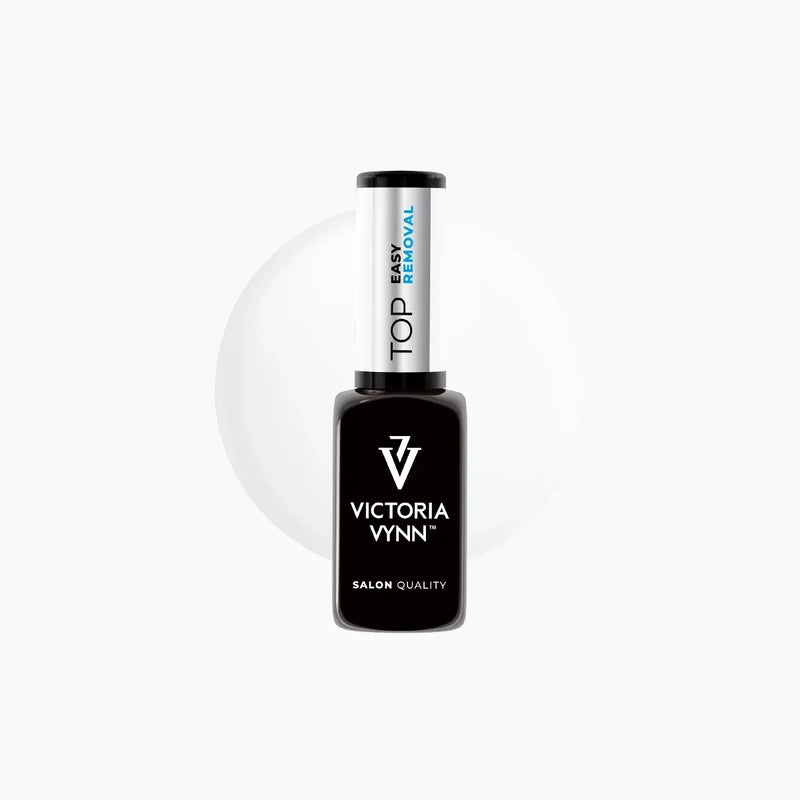 Victoria Vynn Gel Polish Top Easy Removal bottle with clear glossy swatch on a white background