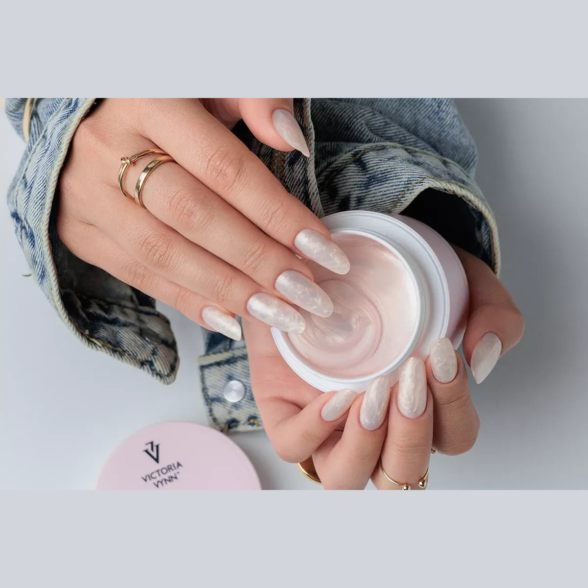 Pearly light pink nail extensions created with Victoria Vynn Insta Gel 14 Pearly Crush