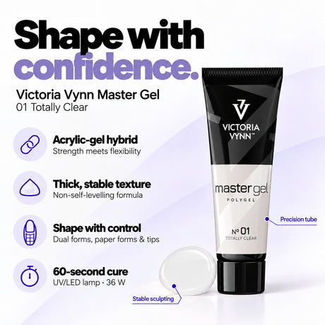 Victoria Vynn Master Gel 01 Totally Clear features: acrylic-gel hybrid, thick non-self-levelling consistency, controlled sculpting and 60-second curing in a 36 W UV/LED lamp.