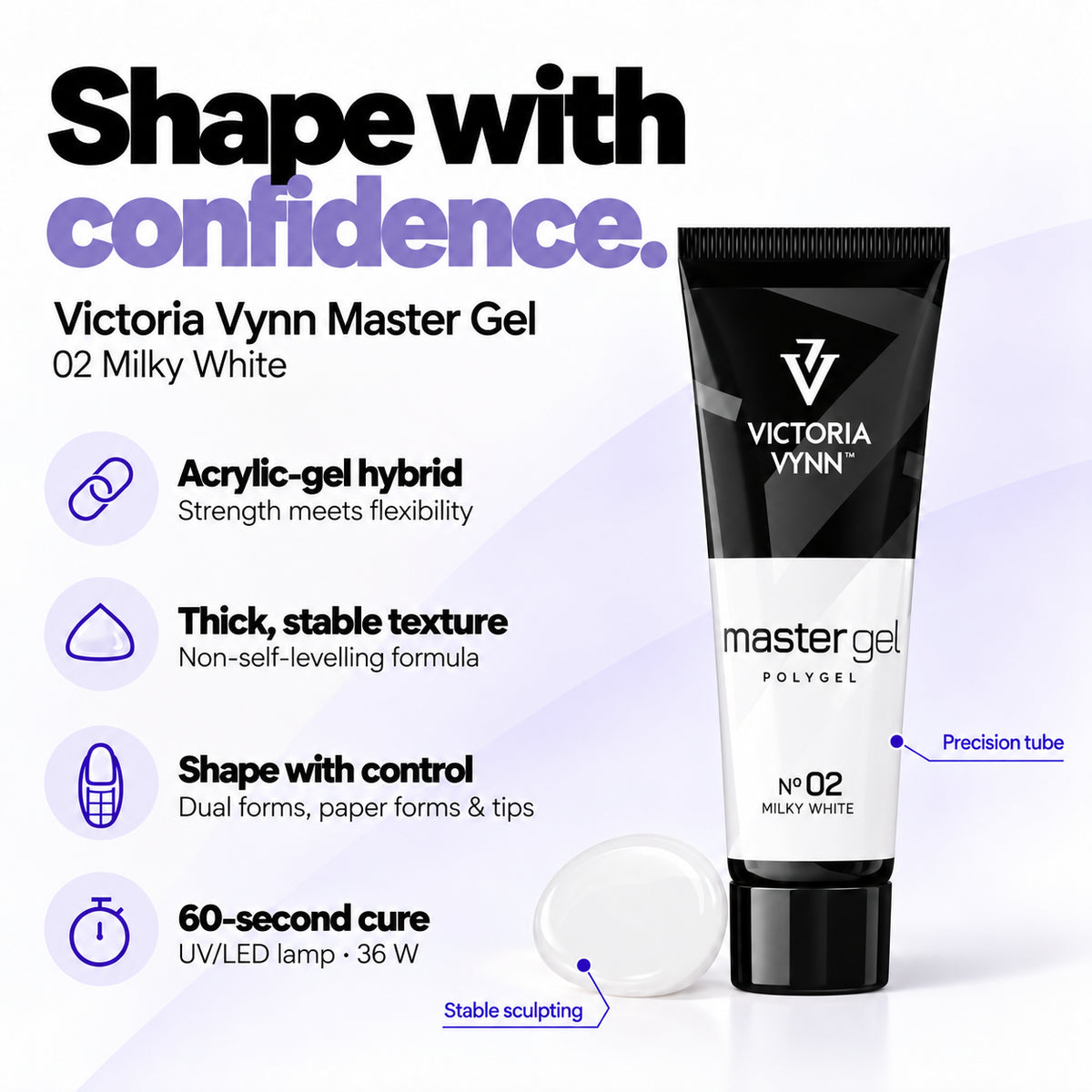 Victoria Vynn Master Gel 02 Milky White features: acrylic-gel hybrid, thick non-self-levelling consistency, controlled sculpting and 60-second curing in a 36 W UV/LED lamp.
