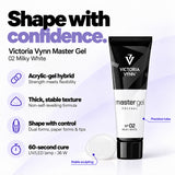 Victoria Vynn Master Gel 02 Milky White features: acrylic-gel hybrid, thick non-self-levelling consistency, controlled sculpting and 60-second curing in a 36 W UV/LED lamp.