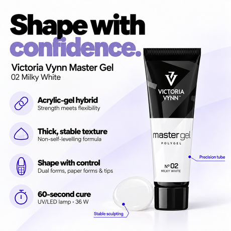 Victoria Vynn Master Gel 02 Milky White features: acrylic-gel hybrid, thick non-self-levelling consistency, controlled sculpting and 60-second curing in a 36 W UV/LED lamp.