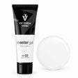 Victoria Vynn Master Gel Polygel 02 Milky White in the new tube beside its matching glossy colour swatch.