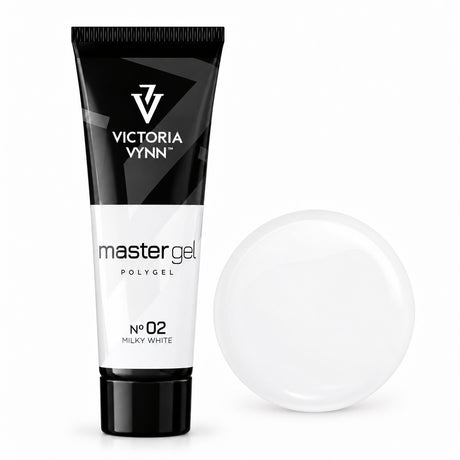 Victoria Vynn Master Gel Polygel 02 Milky White in the new tube beside its matching glossy colour swatch.