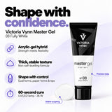 Victoria Vynn Master Gel 03 Fully White features: acrylic-gel hybrid, thick non-self-levelling consistency, controlled sculpting and 60-second curing in a 36 W UV/LED lamp.