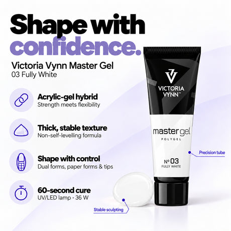 Victoria Vynn Master Gel 03 Fully White features: acrylic-gel hybrid, thick non-self-levelling consistency, controlled sculpting and 60-second curing in a 36 W UV/LED lamp.