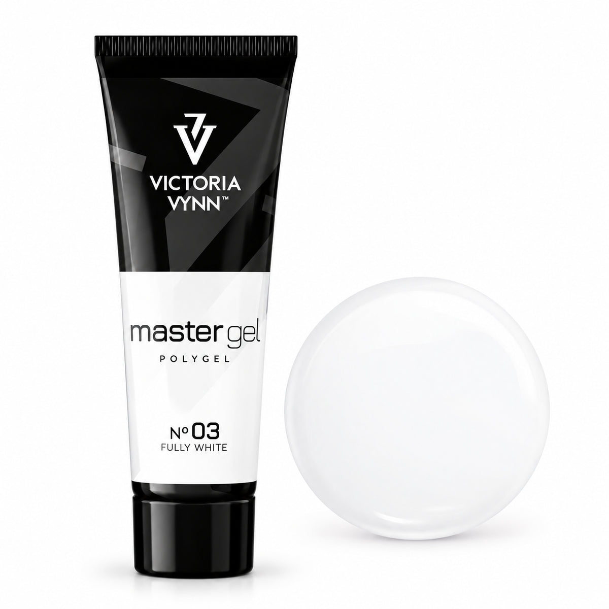 Victoria Vynn Master Gel Polygel 03 Fully White in the new tube beside its matching glossy colour swatch.