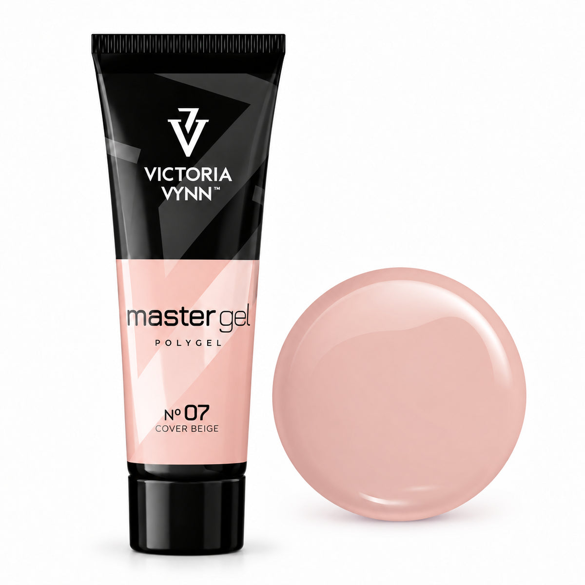 Victoria Vynn Master Gel Polygel 07 Cover Beige in the new tube beside its matching glossy colour swatch.