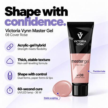 Victoria Vynn Master Gel 08 Cover Rose features: acrylic-gel hybrid, thick non-self-levelling consistency, controlled sculpting and 60-second curing in a 36 W UV/LED lamp.