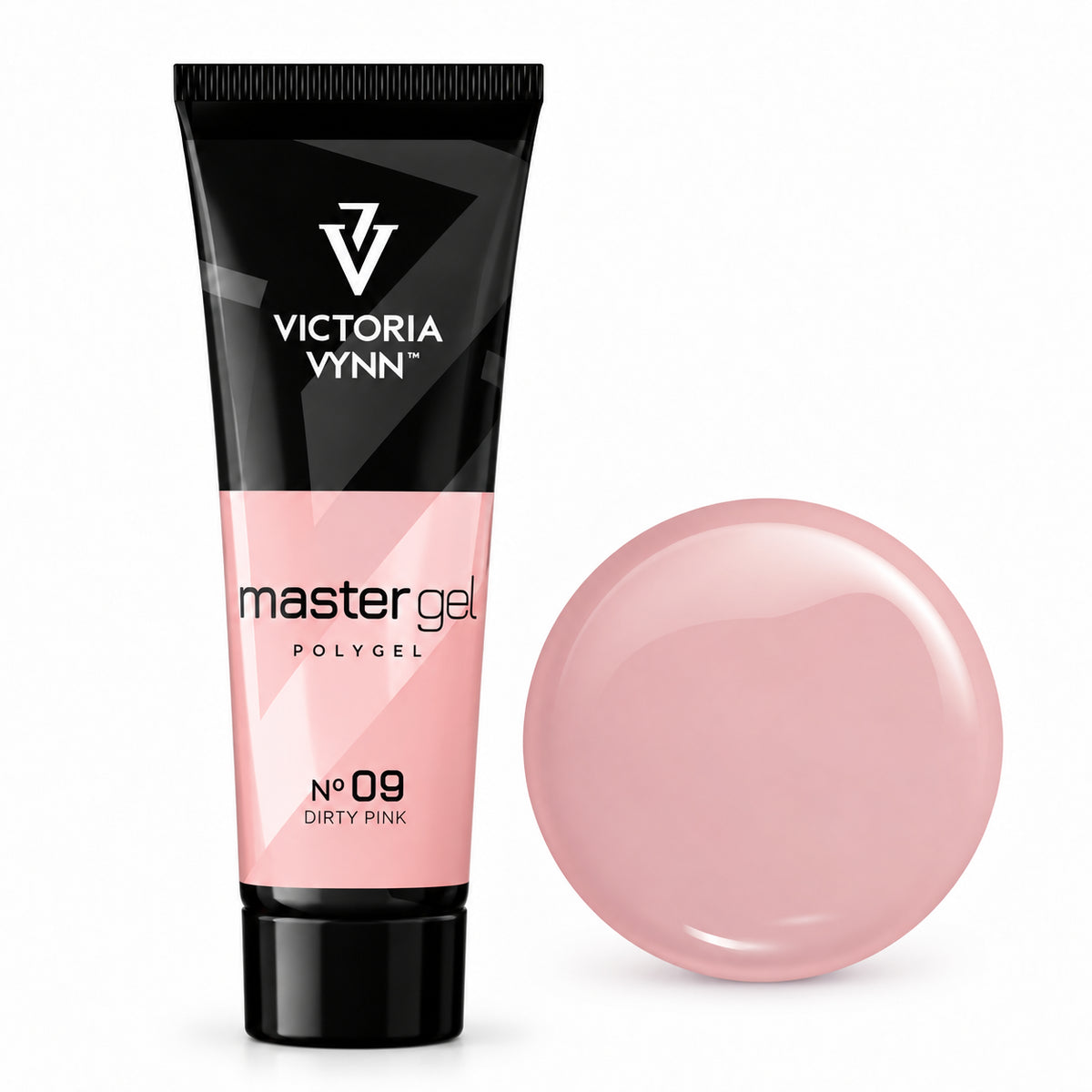 Victoria Vynn Master Gel Polygel 09 Dirty Pink in the new tube beside its matching glossy colour swatch.