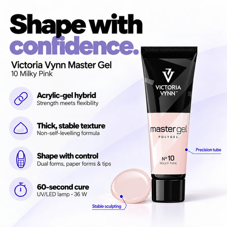 Victoria Vynn Master Gel 10 Milky Pink features: acrylic-gel hybrid, thick non-self-levelling consistency, controlled sculpting and 60-second curing in a 36 W UV/LED lamp.