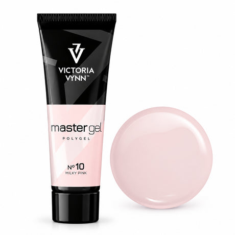 Victoria Vynn Master Gel Polygel 10 Milky Pink in the new tube beside its matching glossy colour swatch.