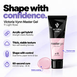 Victoria Vynn Master Gel 11 Light Rose features: acrylic-gel hybrid, thick non-self-levelling consistency, controlled sculpting and 60-second curing in a 36 W UV/LED lamp.