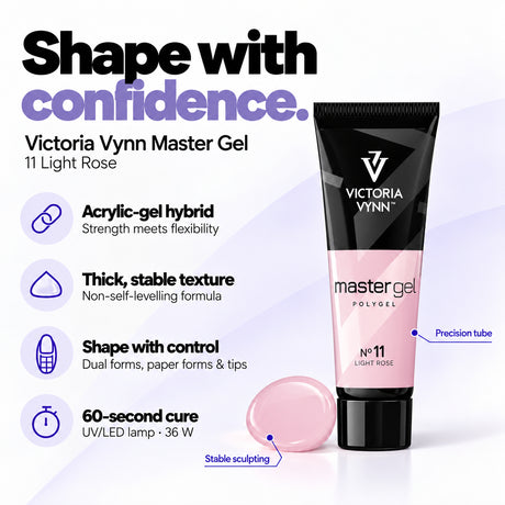 Victoria Vynn Master Gel 11 Light Rose features: acrylic-gel hybrid, thick non-self-levelling consistency, controlled sculpting and 60-second curing in a 36 W UV/LED lamp.