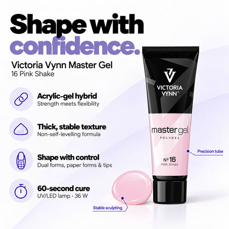 Victoria Vynn Master Gel 16 Pink Shake features: acrylic-gel hybrid, thick non-self-levelling texture, controlled sculpting and 60-second curing in a 36 W UV/LED lamp.