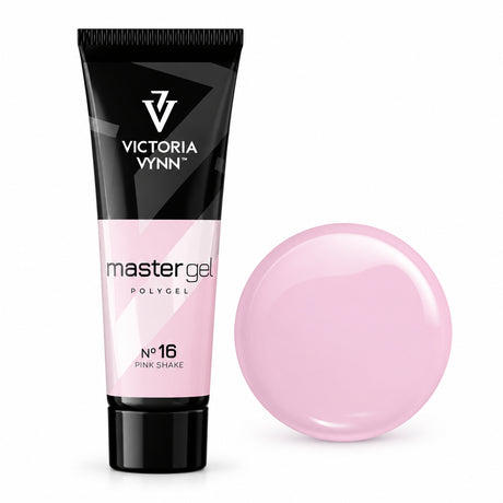 Victoria Vynn Master Gel Polygel 16 Pink Shake in the new black and pink tube beside its matching glossy colour swatch.