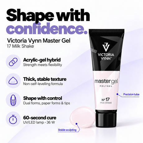 Victoria Vynn Master Gel 17 Milk Shake features: acrylic-gel hybrid, thick non-self-levelling consistency, controlled sculpting and 60-second curing in a 36 W UV/LED lamp.