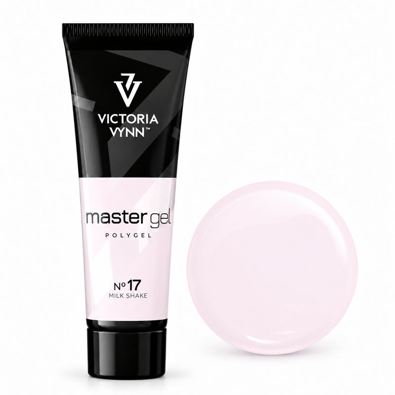Victoria Vynn Master Gel Polygel 17 Milk Shake in the new tube beside its matching glossy colour swatch.