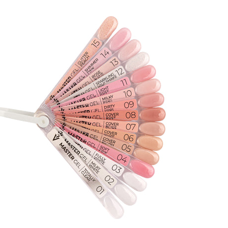 Victoria Vynn Master Gel Poly Gel 15 Glitter Peach - shade swatches shown beside the product