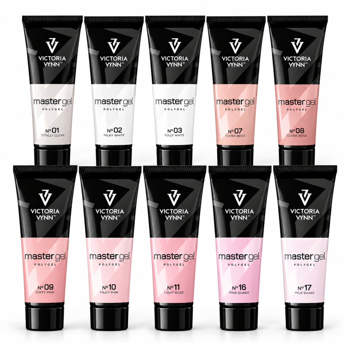 Ten Victoria Vynn Master Gel Polygel tubes in shades 01, 02, 03, 07, 08, 09, 10, 11, 16 and 17, arranged in two rows on a white background.