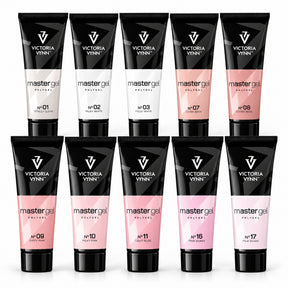 Ten Victoria Vynn Master Gel Polygel tubes in shades 01, 02, 03, 07, 08, 09, 10, 11, 16 and 17, arranged in two rows on a white background.
