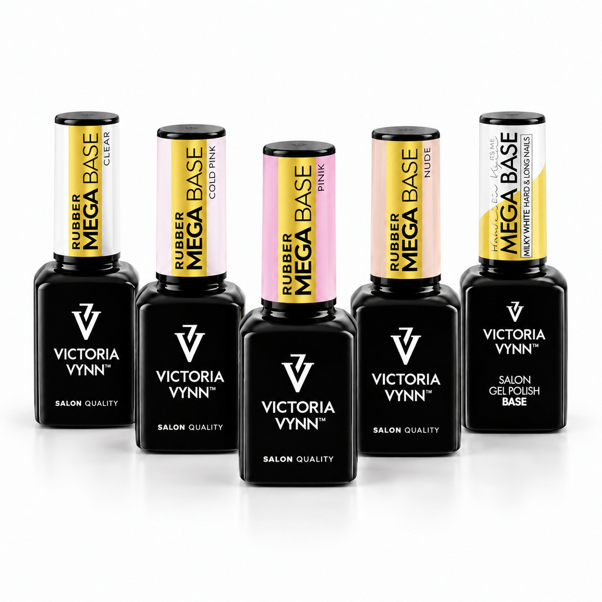 Five Victoria Vynn Rubber Mega Base gel polish bottles arranged in a row on a white background. The bottles are black with colorful labels in yellow, pink, and white, and are labeled with different shade names: Clear, Cold Pink, Pink, Nude, and Milky.