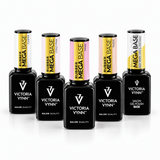 Five Victoria Vynn Rubber Mega Base gel polish bottles arranged in a row on a white background. The bottles are black with colorful labels in yellow, pink, and white, and are labeled with different shade names: Clear, Cold Pink, Pink, Nude, and Milky.