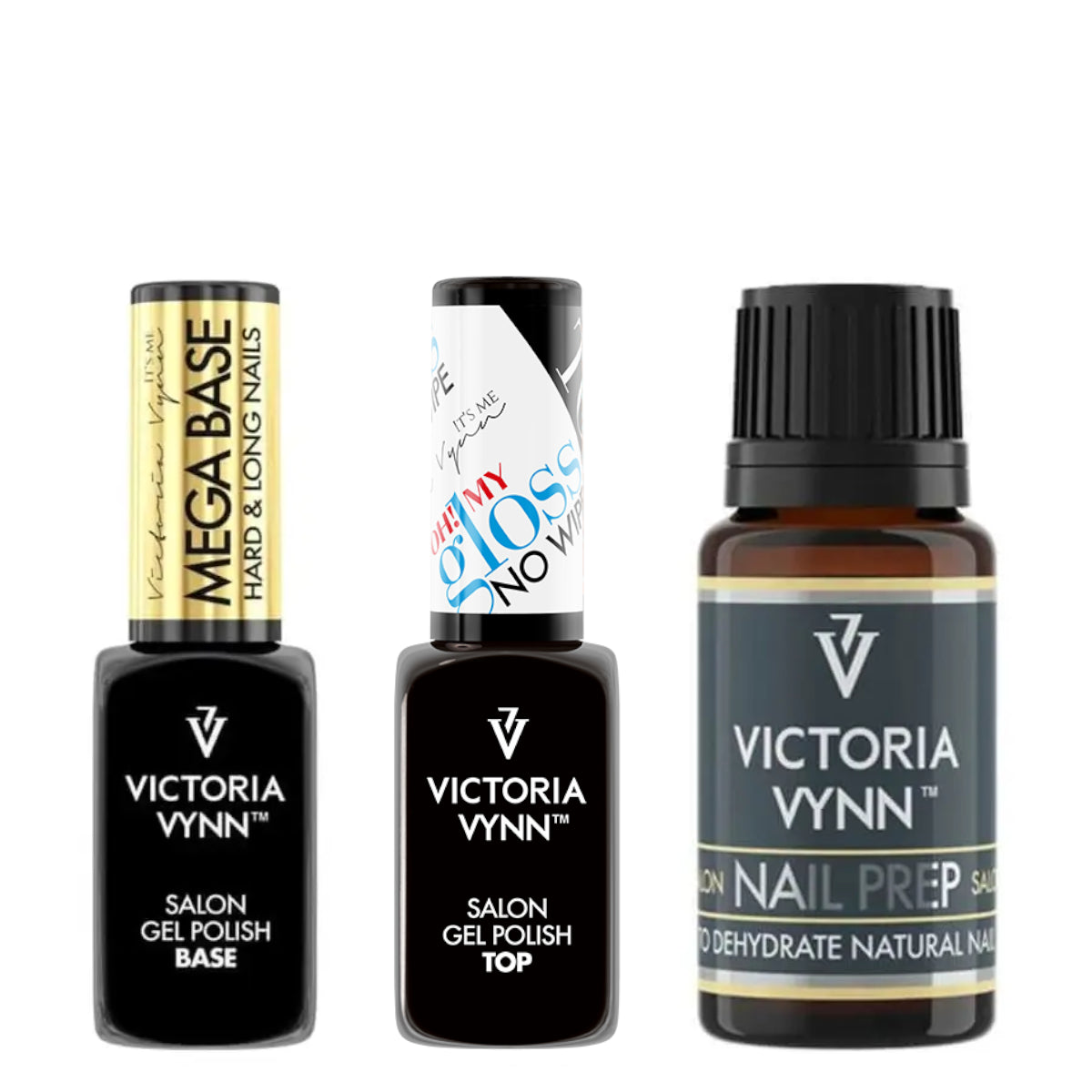 Victoria Vynn Mega Base + Top OH MY Gloss & Nail Prep Set - arranged with the included components on a white background