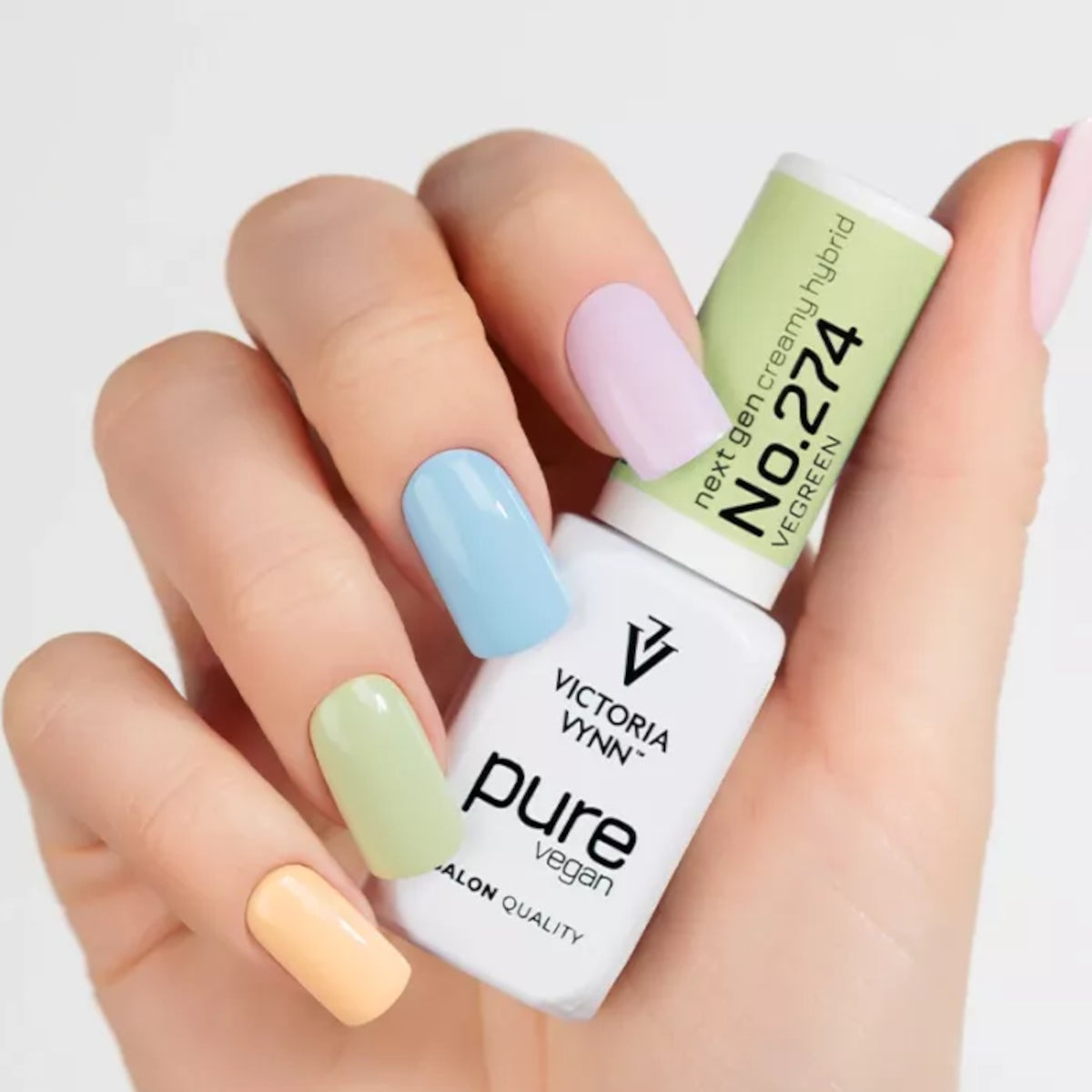 Victoria Vynn Pure Creamy Hybrid Gel 274 VEGreen - shade swatches shown beside the product