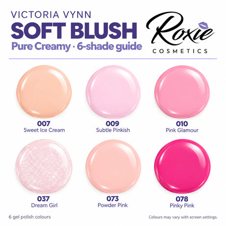 Victoria Vynn Pure Creamy Soft Blush shade guide: 007 Sweet Ice Cream, 009 Subtle Pinkish, 010 Pink Glamour, 037 Dream Girl, 073 Powder Pink and 078 Pinky Pink.