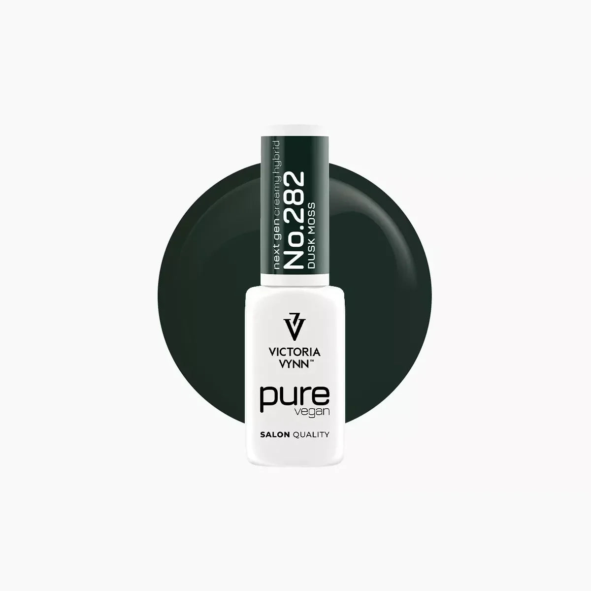 Victoria Vynn Pure Vegan 282 Dusk Moss gel polish bottle with a deep bottle-green colour swatch