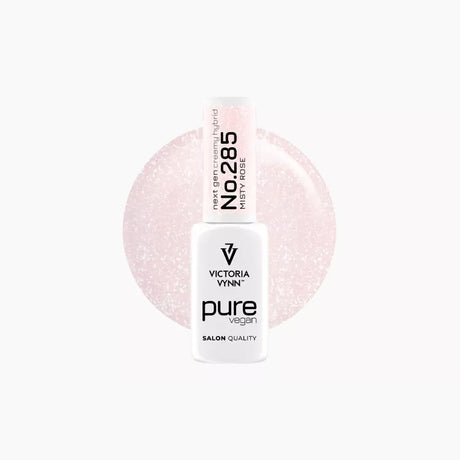 Victoria Vynn Pure Vegan 285 Misty Rose bottle with a sheer light-pink silver-shimmer colour swatch
