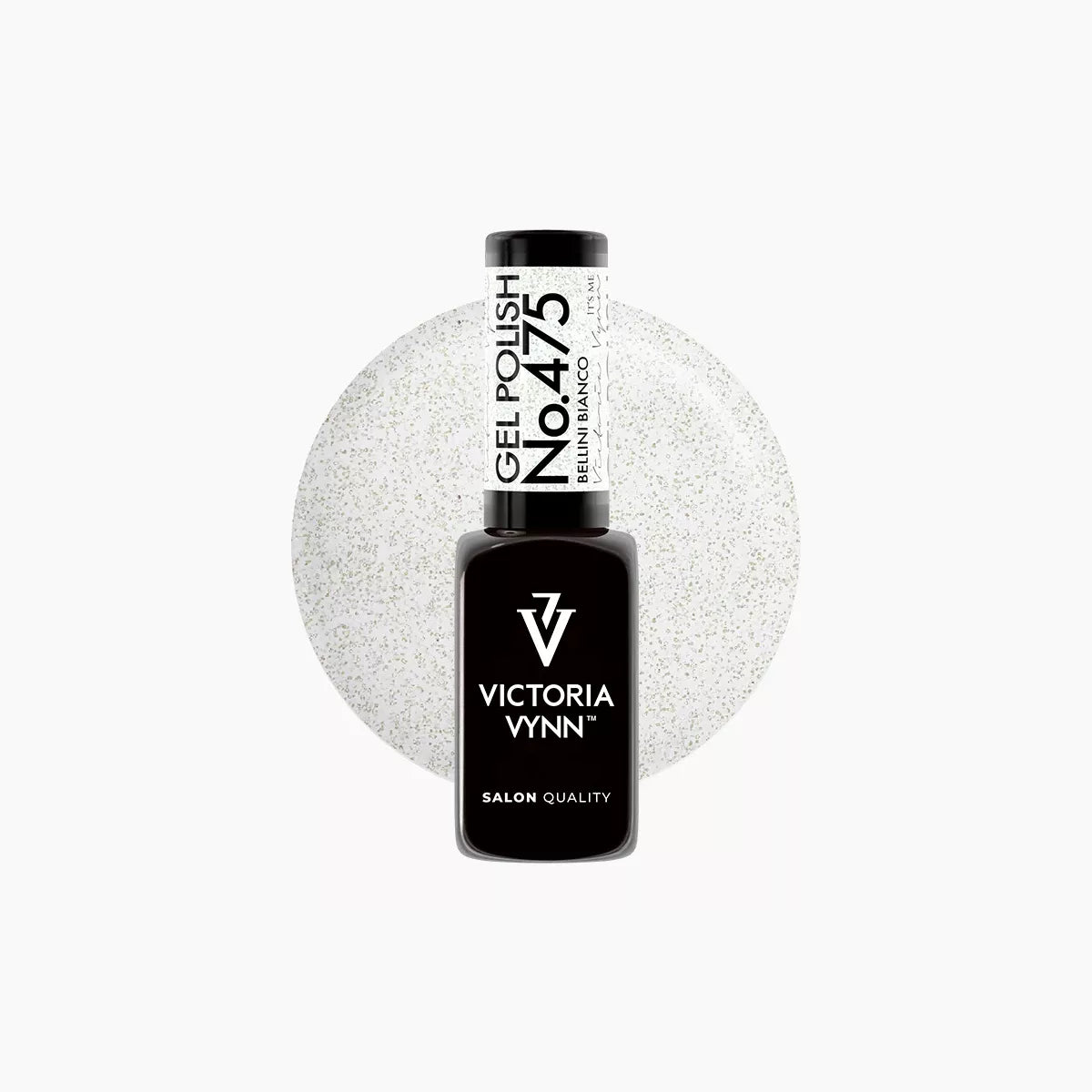 Victoria Vynn Gel Polish 475 in a black bottle with a white label, set against a swatch of the glittery silver polish.