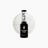 Victoria Vynn Gel Polish 475 in a black bottle with a white label, set against a swatch of the glittery silver polish.