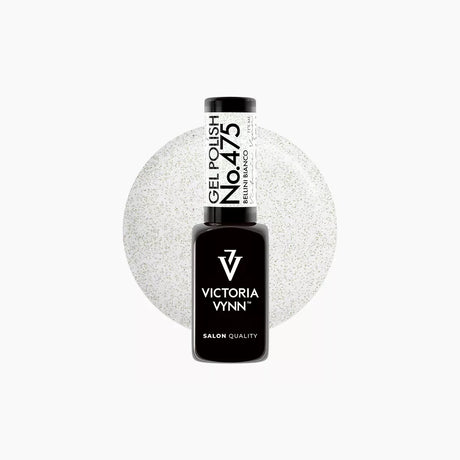 Victoria Vynn Gel Polish 475 in a black bottle with a white label, set against a swatch of the glittery silver polish.