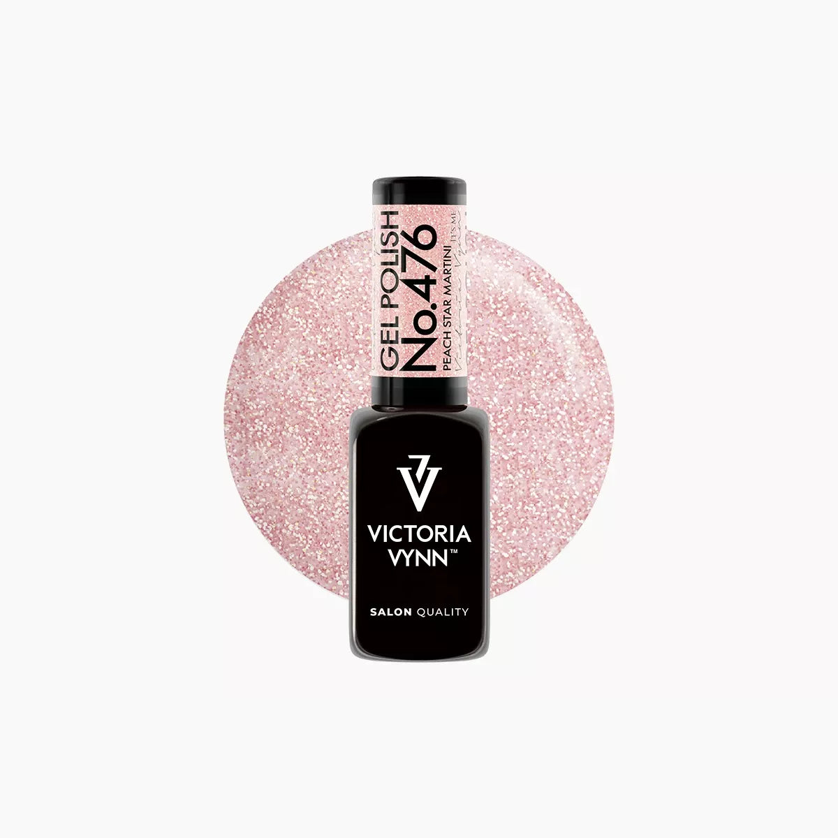 Victoria Vynn Gel Polish 476 in shade peach star martini, featuring a black bottle with a black cap, set against a pink glitter swatch.