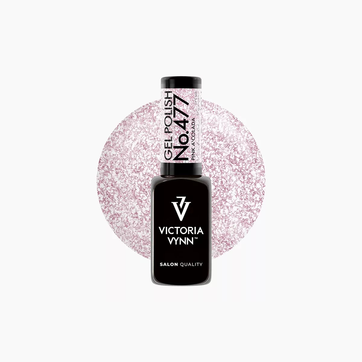 Victoria Vynn Gel Polish 477 in shade pink a'colada, featuring a black bottle with a black cap, set against pink glitter swatch.