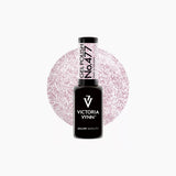 Victoria Vynn Gel Polish 477 in shade pink a'colada, featuring a black bottle with a black cap, set against pink glitter swatch.