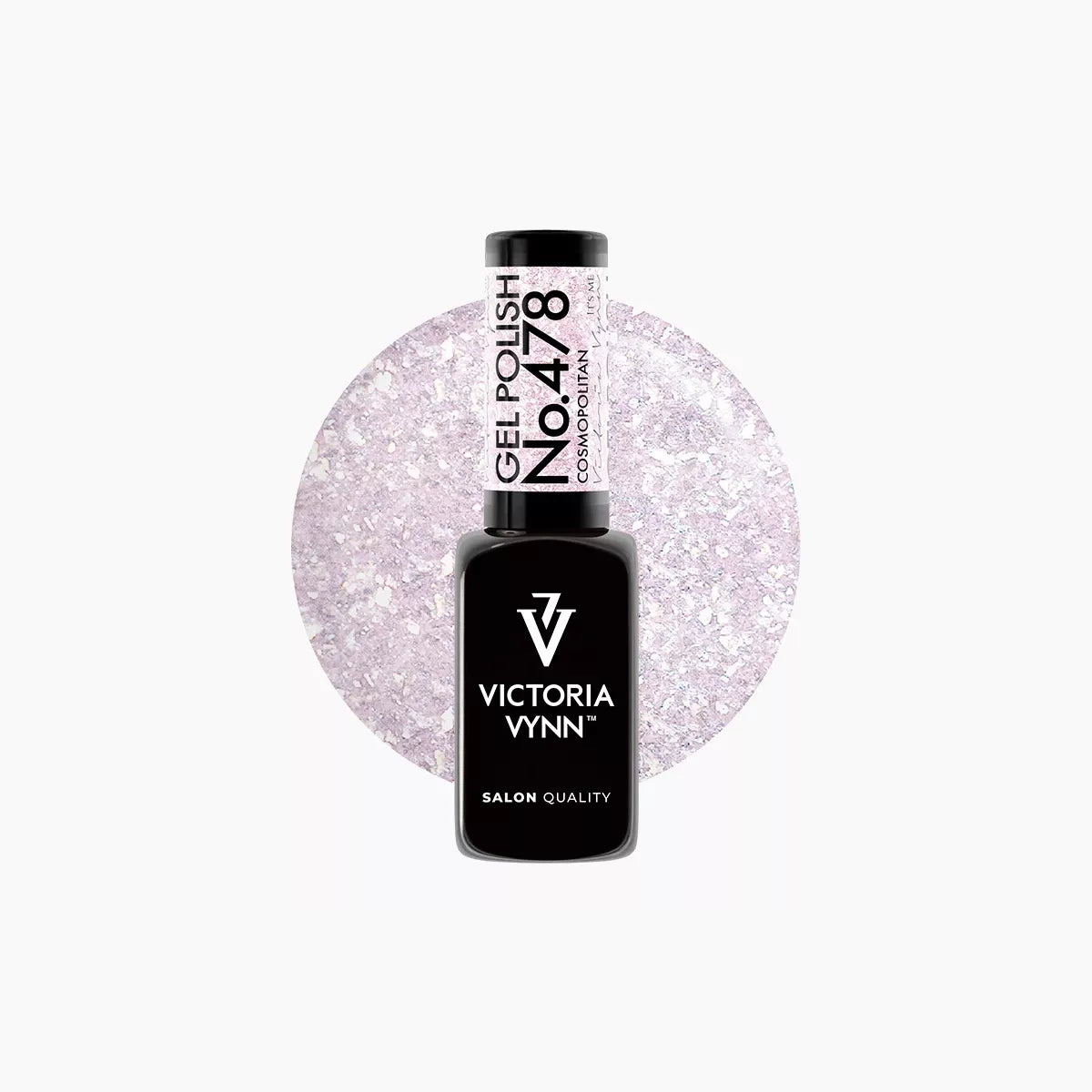 Victoria Vynn Gel Polish 478 in shade cosmopolitan, featuring a black bottle with a black cap, set against a light lavender glitter swatch.