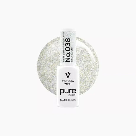 Victoria Vynn Pure Vegan Creamy Hybrid 038 Star Event silver glitter gel polish bottle with colour swatch