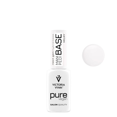 Victoria Vynn Pure Vegan Mani & Pedi Base Milky - product and colour sample arranged on a white background