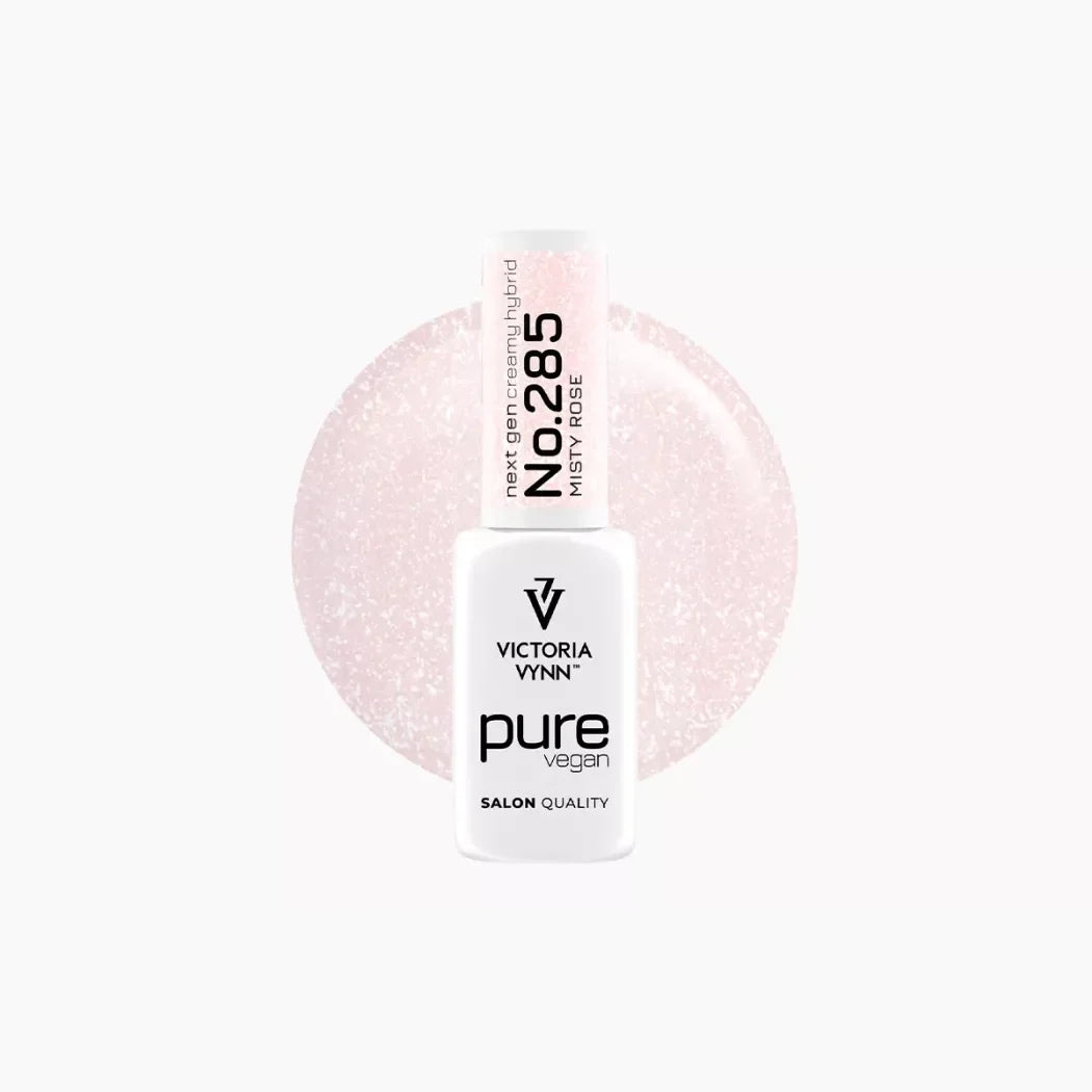 Victoria Vynn Pure Vegan Mistique Wetland 285 Misty Rose gel polish bottle and glitter colour swatch
