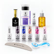 Victoria Vynn Salon Essentials and Classic Colours set with six gel polishes, base, top, cleaner, cuticle oil, nail file and blue brush.